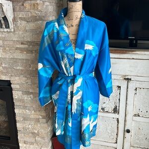 Vintage Marukyo Tokyo turquoise blue w cranes kimono robe